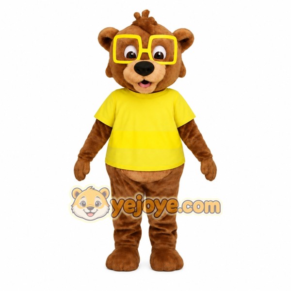 Brown Yellow Nerd Bear Mascot Costume