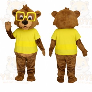 Brown Yellow Nerd Bear Mascot Costume