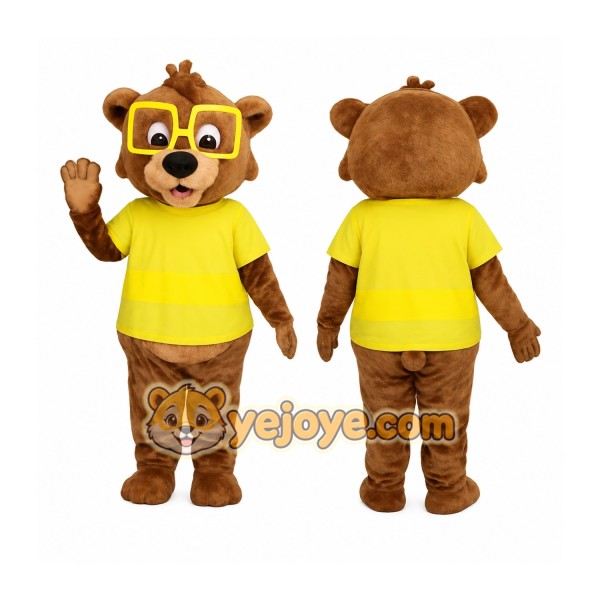 Brown Yellow Nerd Bear Mascot Costume