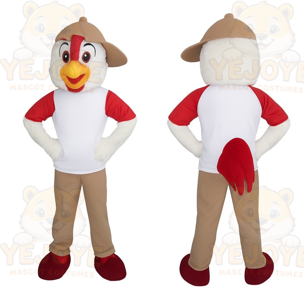 Red White Tan Rooster Bird Mascot Costume