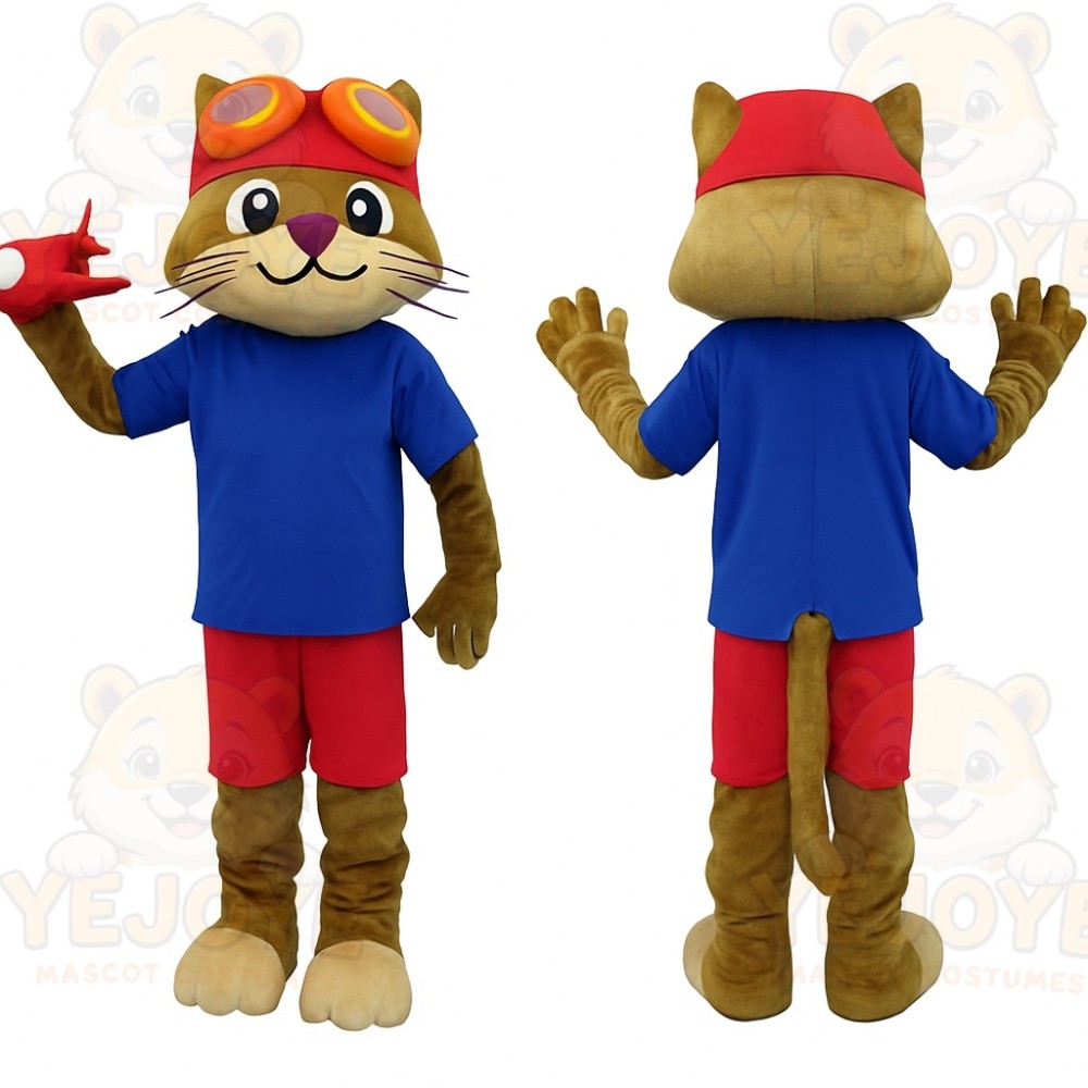 Brown Red Blue Aviator Cat Mascot Costume