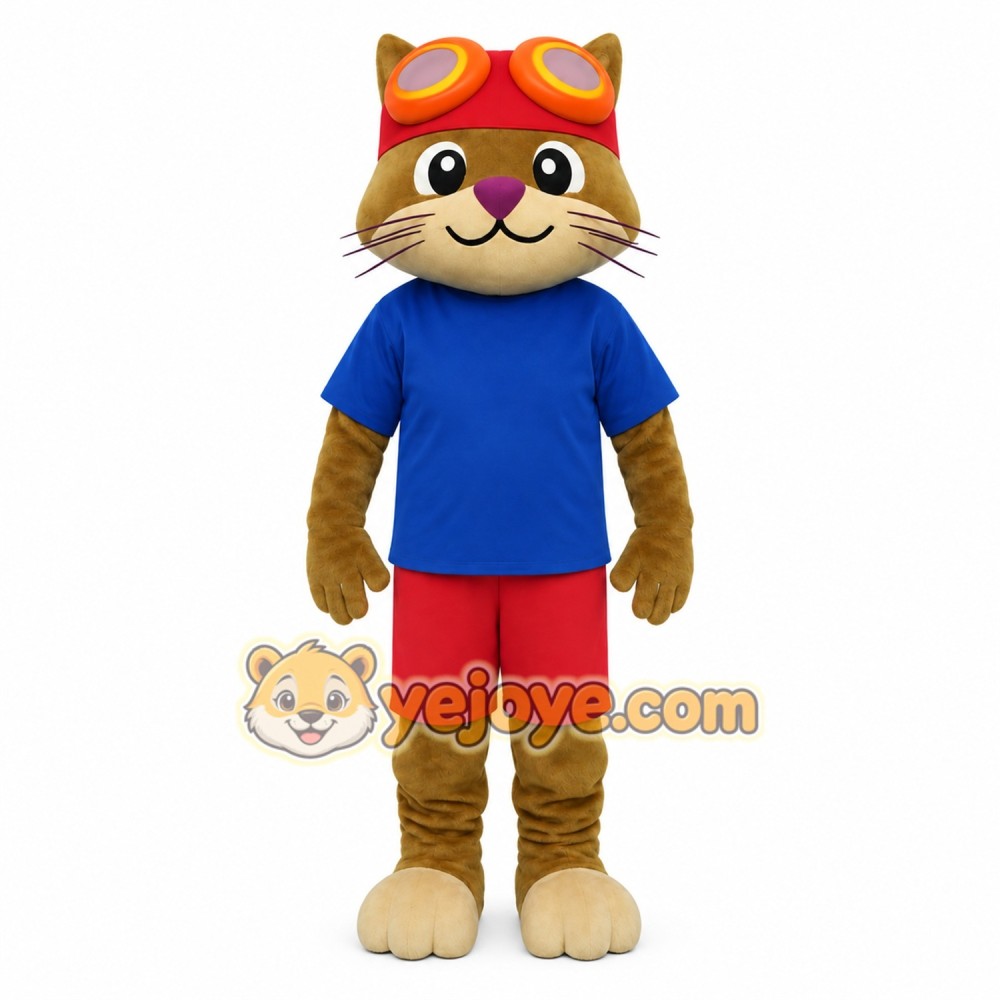 Brown Red Blue Aviator Cat Mascot Costume Brown Red Blue Aviator Cat Mascot Costume