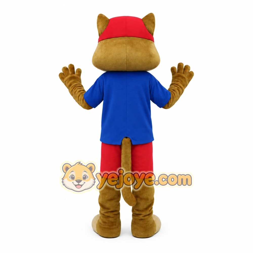 Brown Red Blue Aviator Cat Mascot Costume Brown Red Blue Aviator Cat Mascot Costume