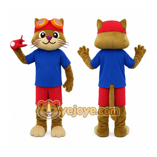Brown Red Blue Aviator Cat Mascot Costume