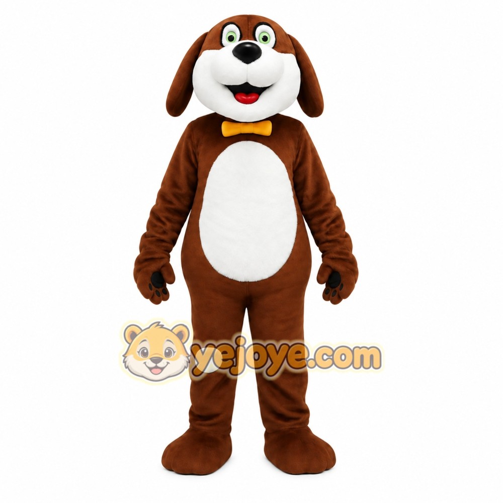 Brown White Dog With Yellow Bow Tie Mascot Costume