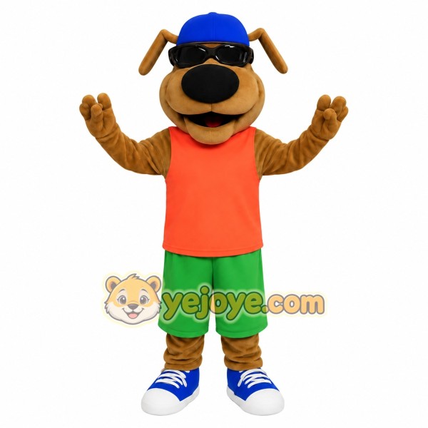 Brown Dog Blue Cap Orange Shirt Mascot Costume
