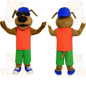 Brown Dog Blue Cap Orange Shirt Mascot Costume
