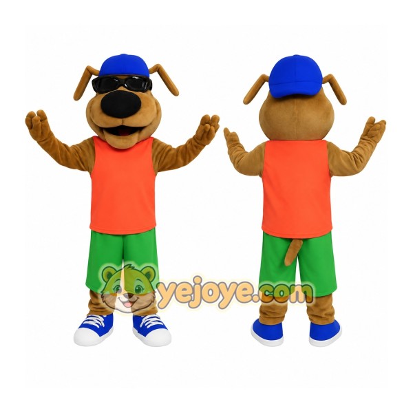Brown Dog Blue Cap Orange Shirt Mascot Costume