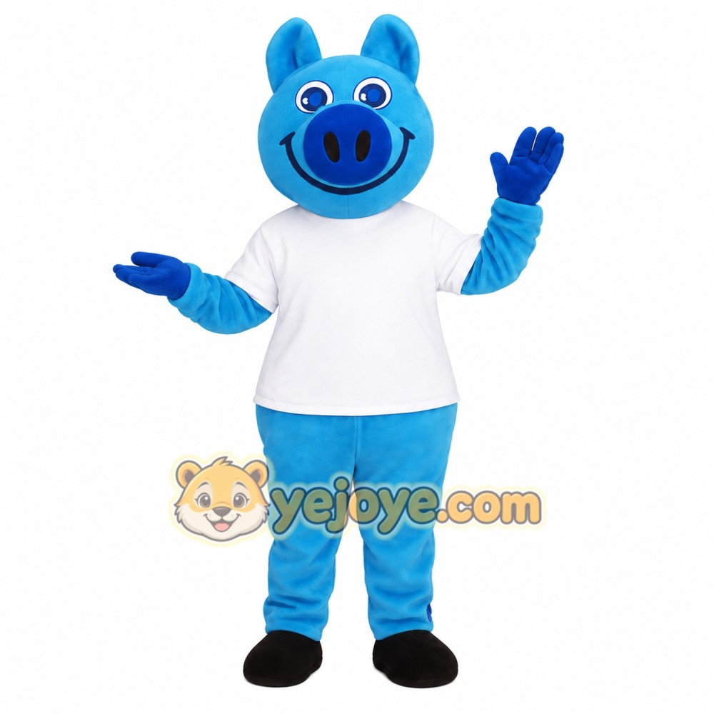 Light Blue White Smiling Pig Mascot Costume