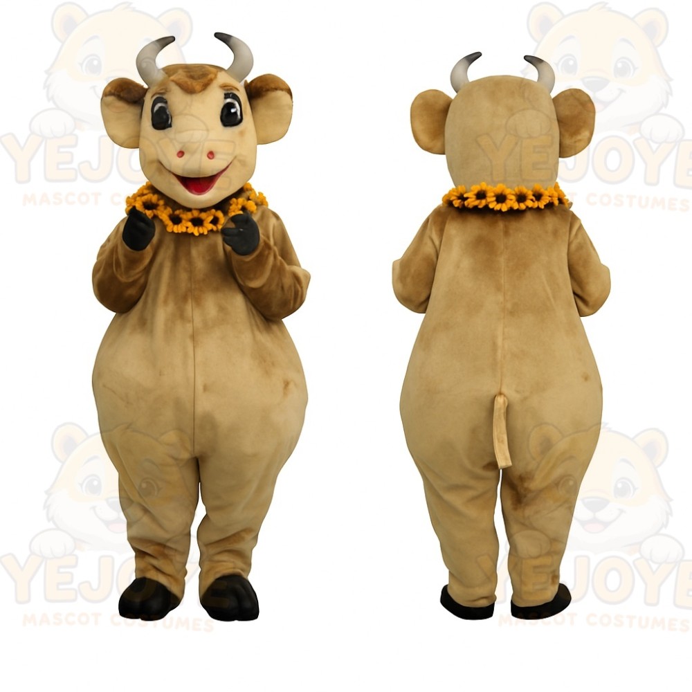 Tan Brown Horned Cow With Orange Lei Mascot Costume