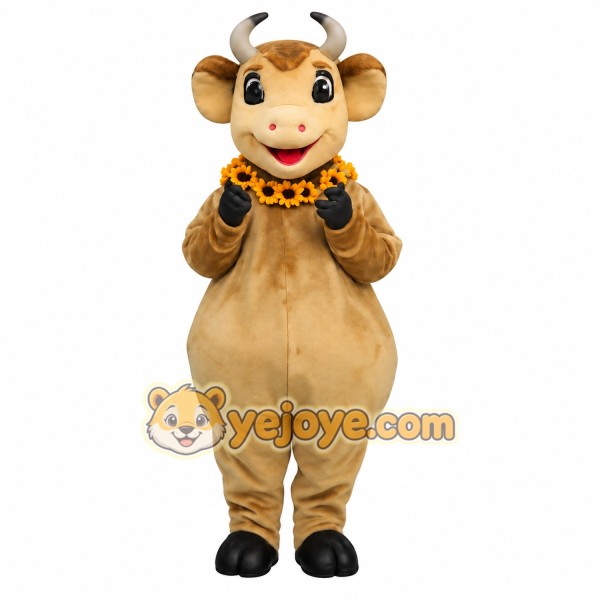 Tan Brown Horned Cow With Orange Lei Mascot Costume Tan Brown Horned Cow With Orange Lei Mascot Costume