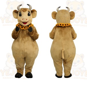 Tan Brown Horned Cow With Orange Lei Mascot Costume