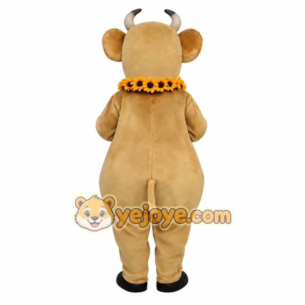 Tan Brown Horned Cow With Orange Lei Mascot Costume Tan Brown Horned Cow With Orange Lei Mascot Costume