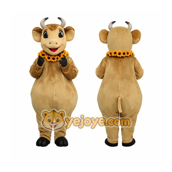 Tan Brown Horned Cow With Orange Lei Mascot Costume