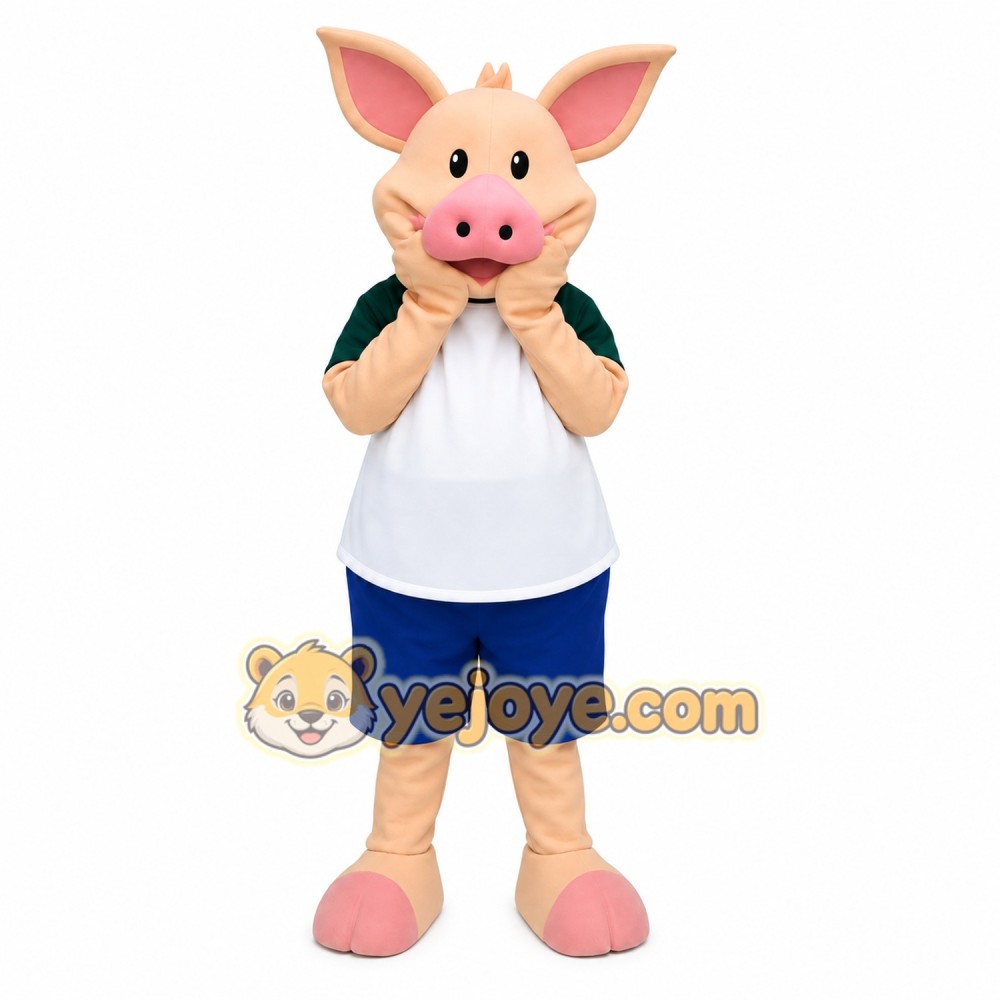 Pink Pig Green White Shirt Blue Shorts Mascot Costume Pink Pig Green White Shirt Blue Shorts Mascot Costume