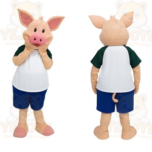 Pink Pig Green White Shirt Blue Shorts Mascot Costume