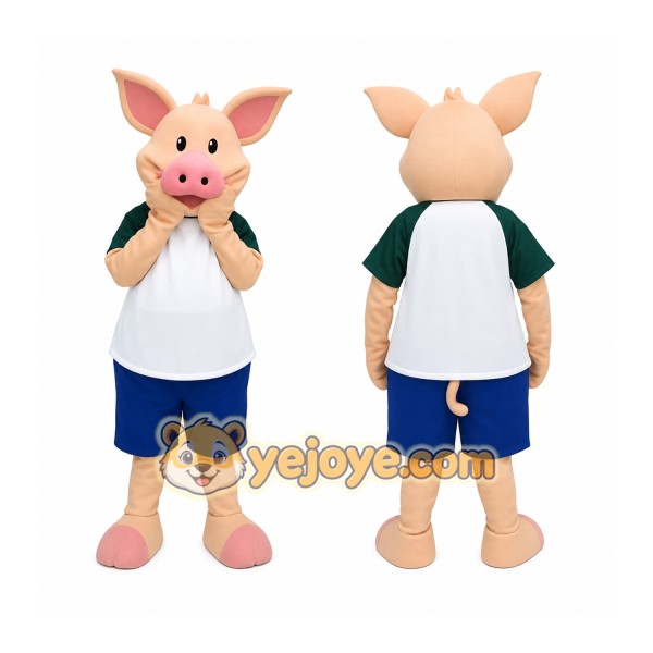 Pink Pig Green White Shirt Blue Shorts Mascot Costume