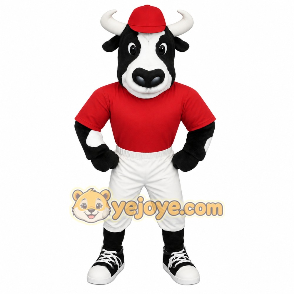 Black White Bull Red Shirt Mascot Costume Black White Bull Red Shirt Mascot Costume