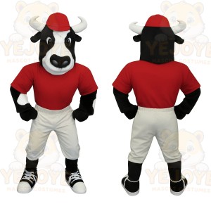 Black White Bull Red Shirt Mascot Costume