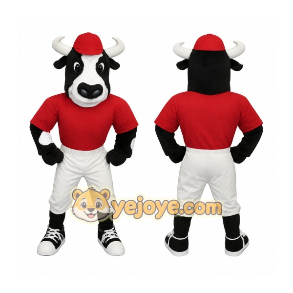 Black White Bull Red Shirt Mascot Costume