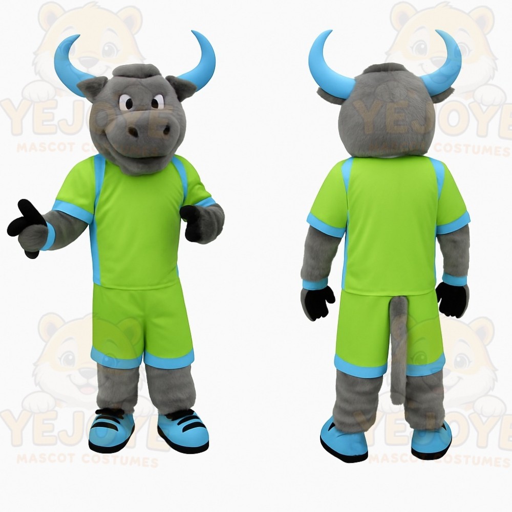 Gray Lime Green Blue Bull Mascot Costume