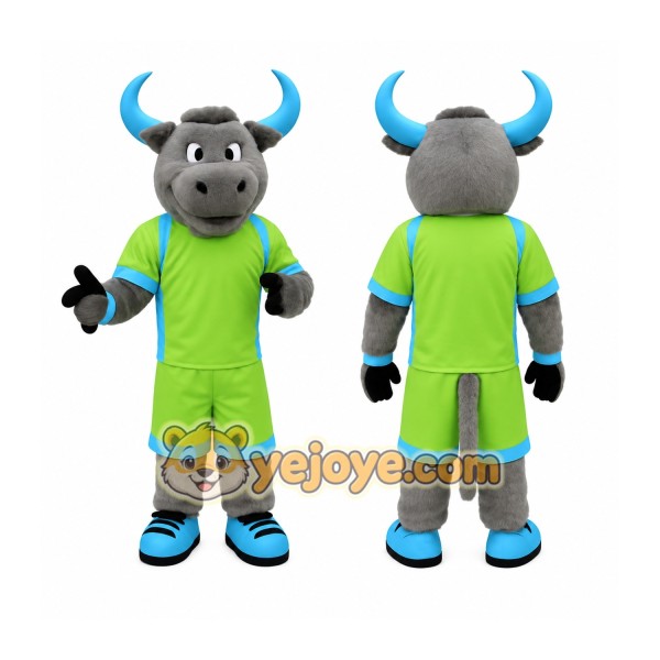 Gray Lime Green Blue Bull Mascot Costume
