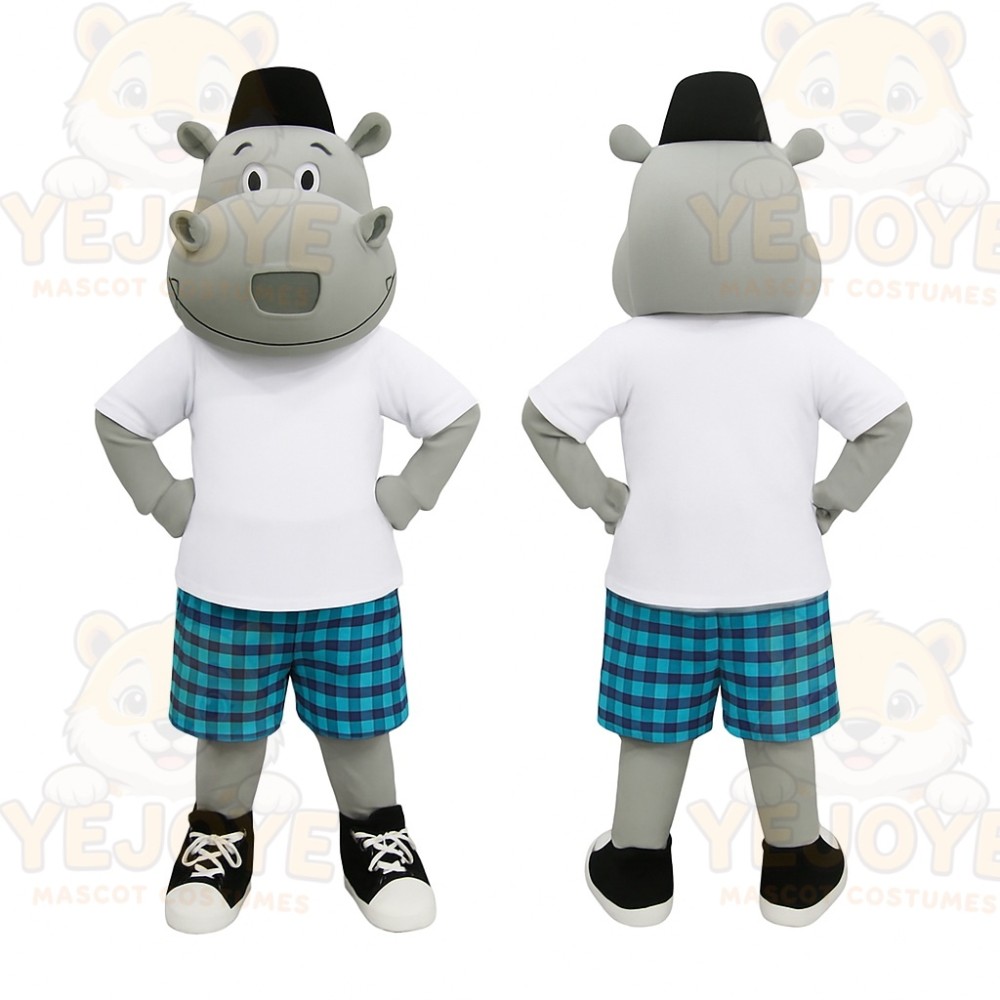 Gray White Hippo Blue Plaid Shorts Mascot Costume