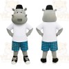 Gray White Hippo Blue Plaid Shorts Mascot Costume