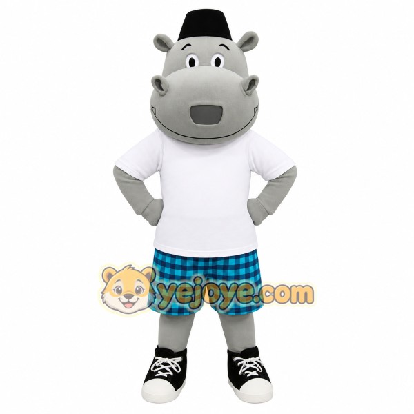 Gray White Hippo Blue Plaid Shorts Mascot Costume