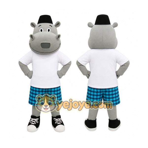 Gray White Hippo Blue Plaid Shorts Mascot Costume