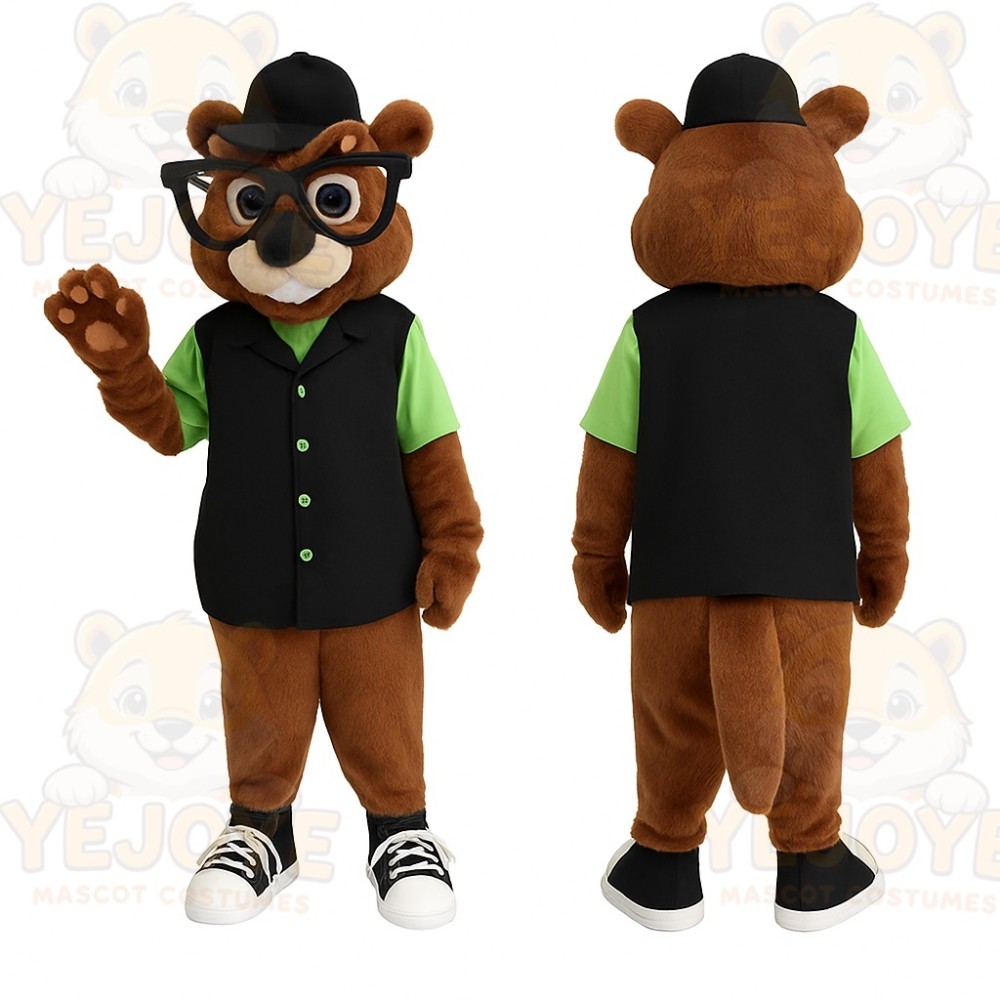 Brown Black Green Nerd Beaver Mascot Costume