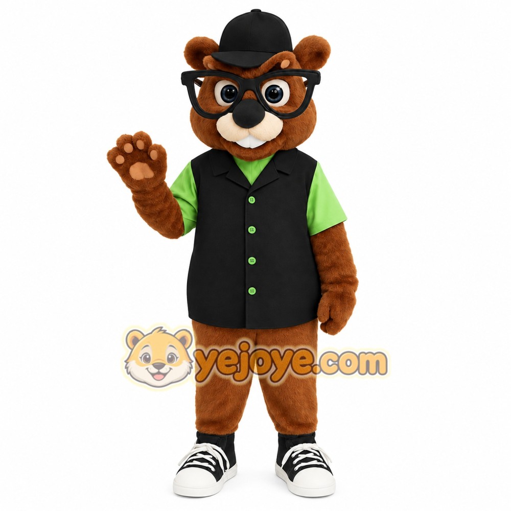 Brown Black Green Nerd Beaver Mascot Costume