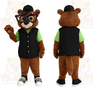 Brown Black Green Nerd Beaver Mascot Costume