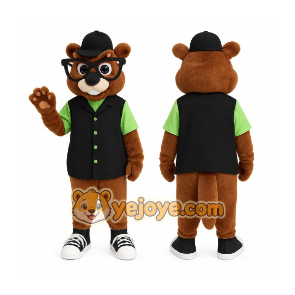 Brown Black Green Nerd Beaver Mascot Costume