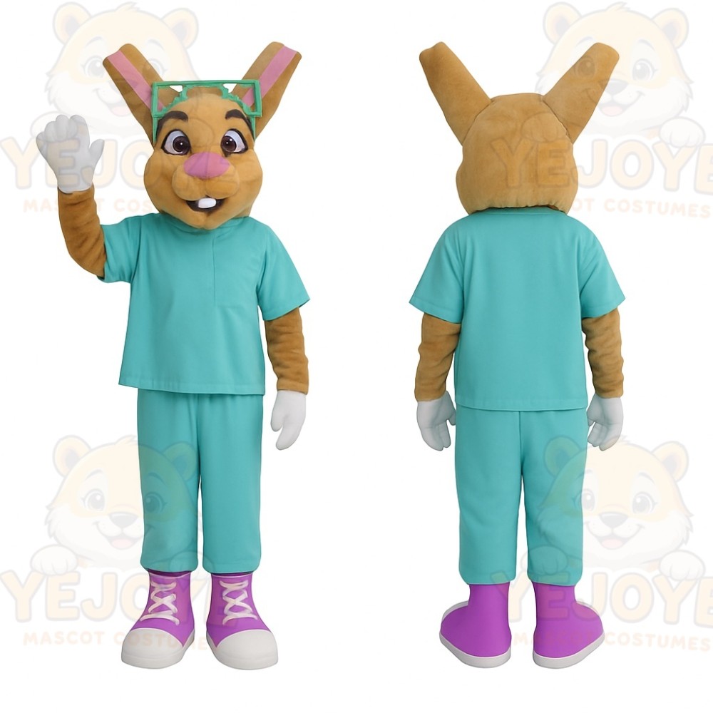 Tan Teal Nerd Rabbit Mascot Costume