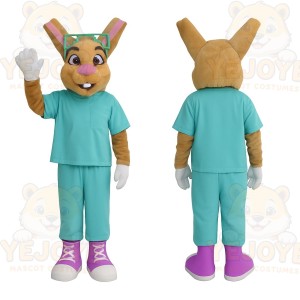 Tan Teal Nerd Rabbit Mascot Costume