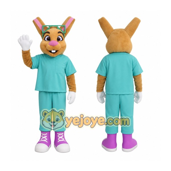Tan Teal Nerd Rabbit Mascot Costume