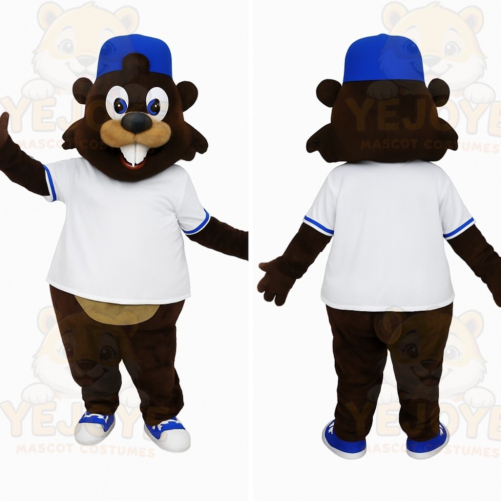 Brown Beaver With Blue Cap Mascot Costume