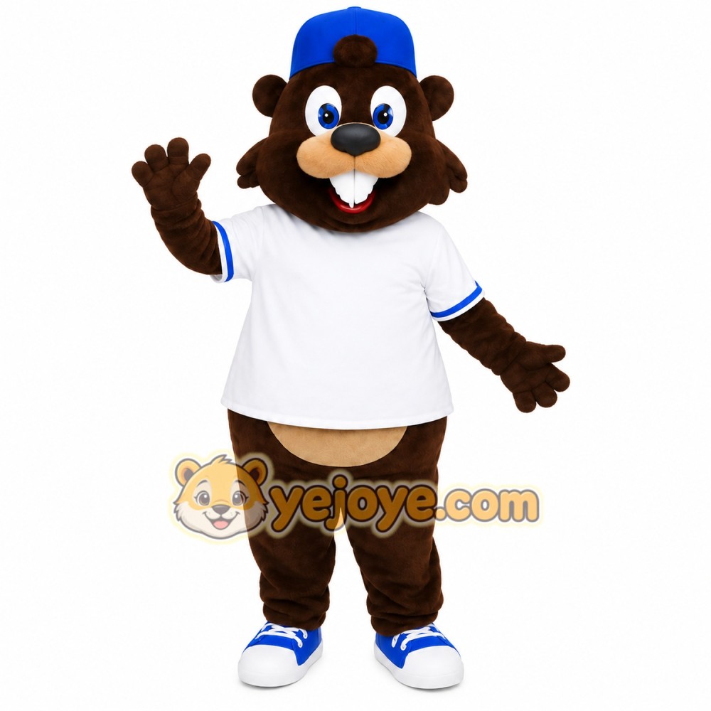Brown Beaver With Blue Cap Mascot Costume Brown Beaver With Blue Cap Mascot Costume
