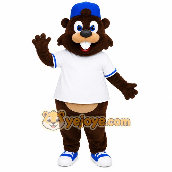 Brown Beaver With Blue Cap Mascot Costume
