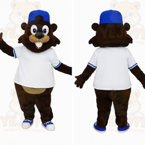 Brown Beaver With Blue Cap Mascot Costume