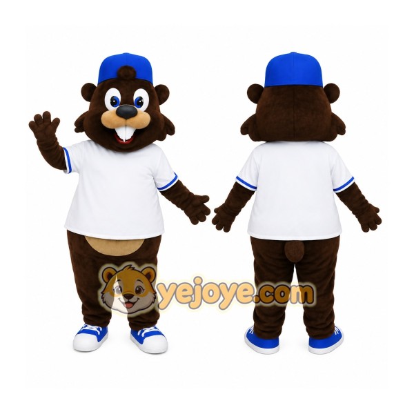 Brown Beaver With Blue Cap Mascot Costume