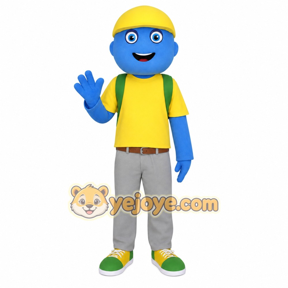 Blue Yellow Backpack Schoolboy Mascot Costume Blue Yellow Backpack Schoolboy Mascot Costume