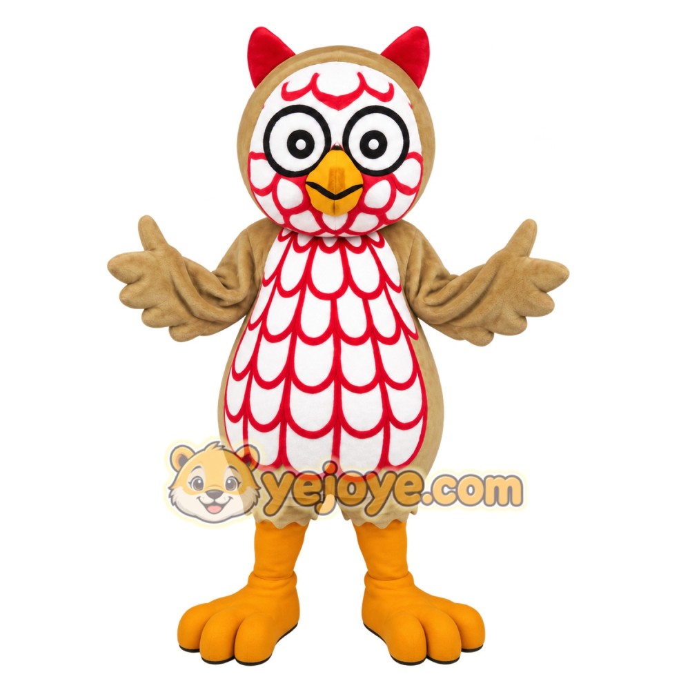 Tan White Red Owl Mascot Costume