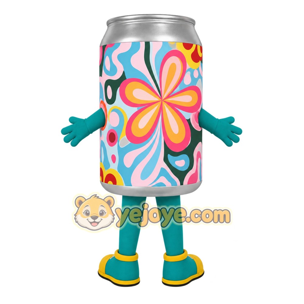 Silver Teal Floral Soda Can Mascot Costume Silver Teal Floral Soda Can Mascot Costume
