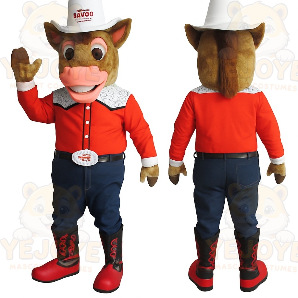 Brown Red White Cowboy Horse Mascot Costume