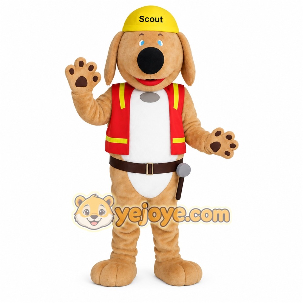 Tan White Red Yellow Scout Dog Mascot Costume Tan White Red Yellow Scout Dog Mascot Costume