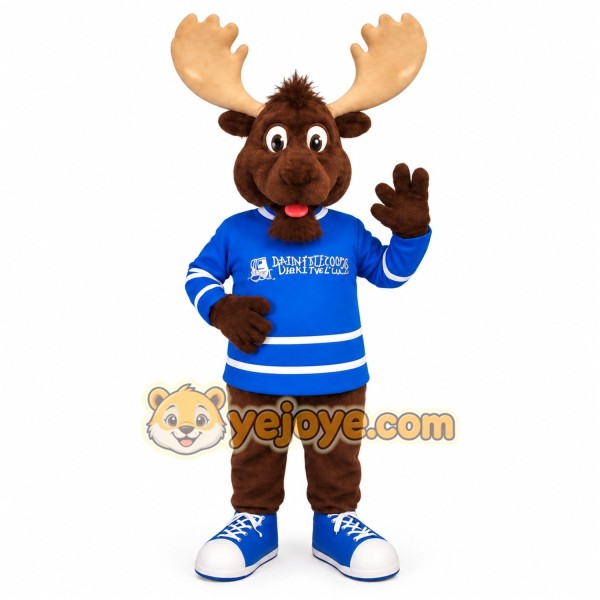 Brown Moose Blue Jersey Mascot Costume