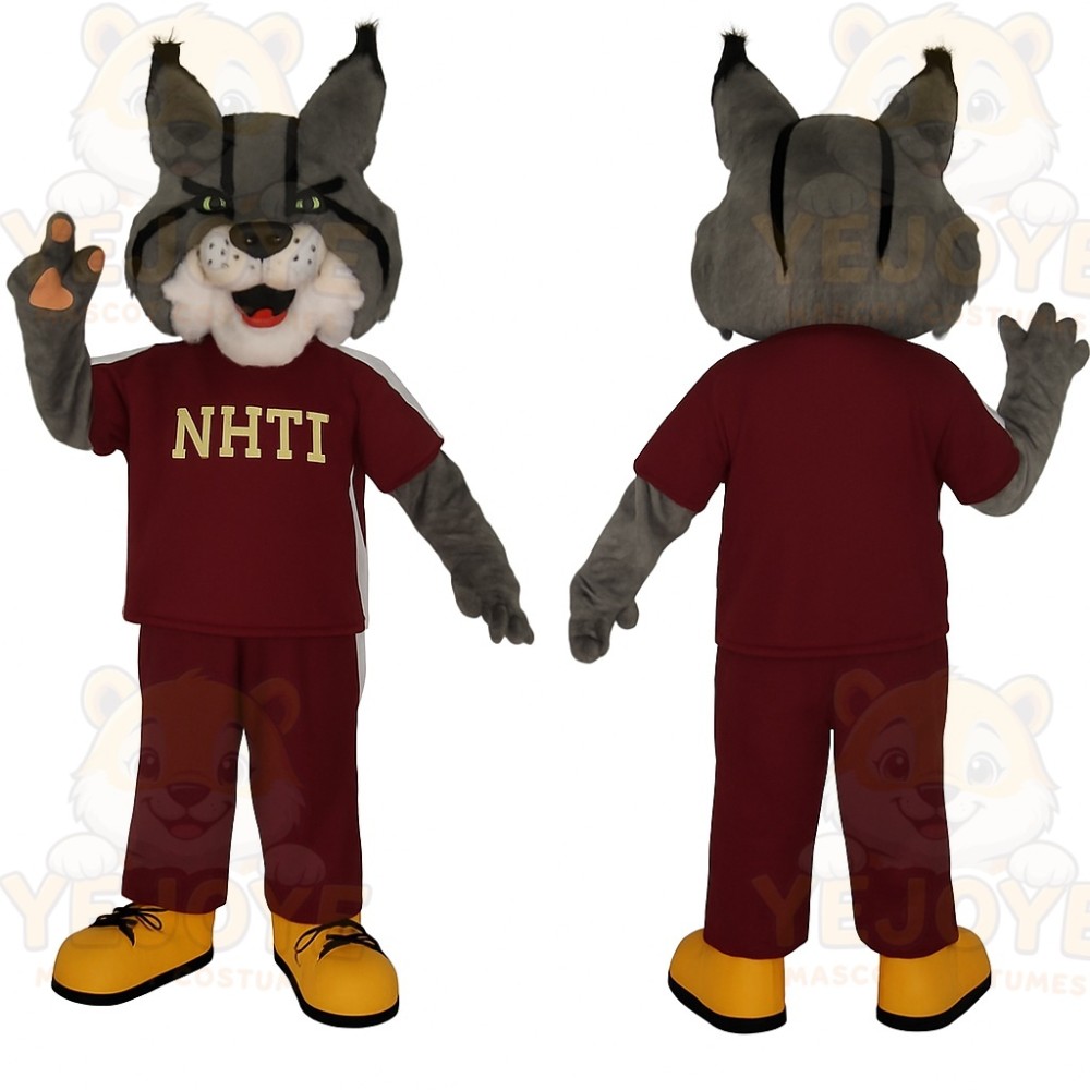 Gray Burgundy Yellow Bobcat Mascot Costume