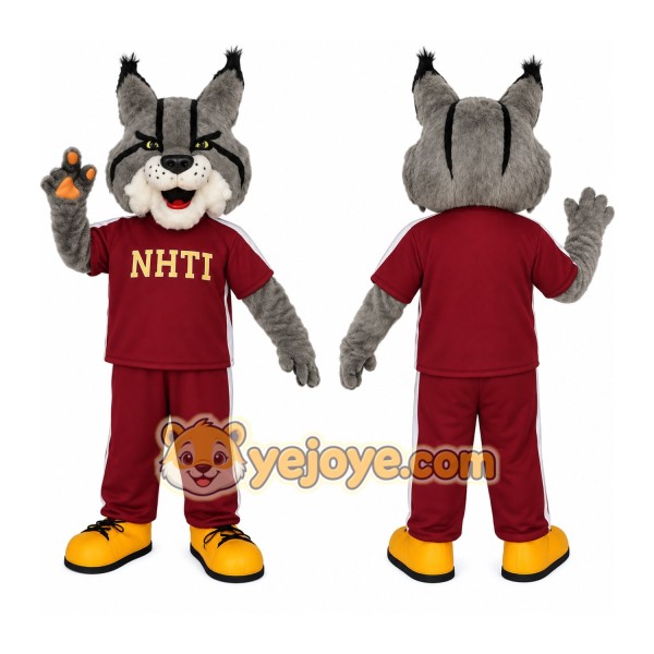Gray Burgundy Yellow Bobcat Mascot Costume